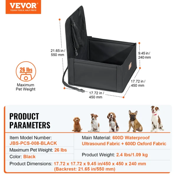 VEVOR Dog Car Seat Waterproof Dog Booster Seat Pet Car Seat with Clip-On Safety Leash PP Cotton Car Bed for Medium & Large Dog - Image 15