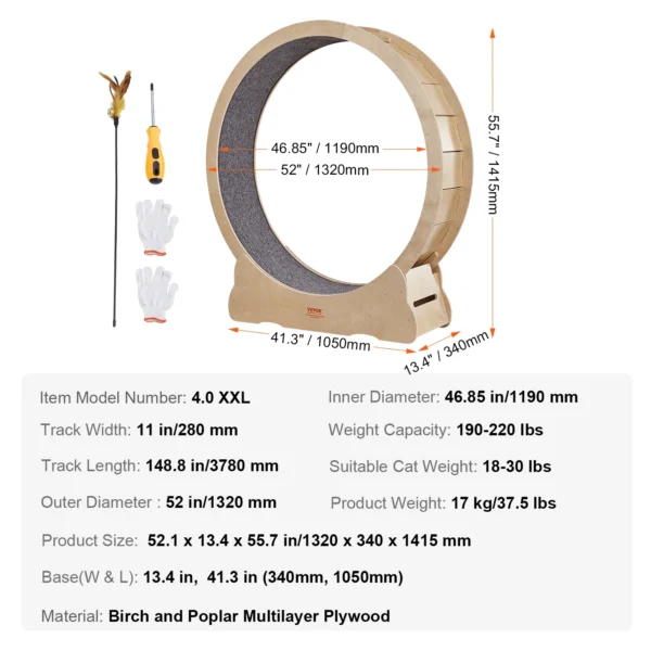 VEVOR Cat Exercise Wheel Natural Wood Silent Running Toy Treadmill Roller Wheel with Detachable Carpet for Most Cats Pet Fitness - Image 10