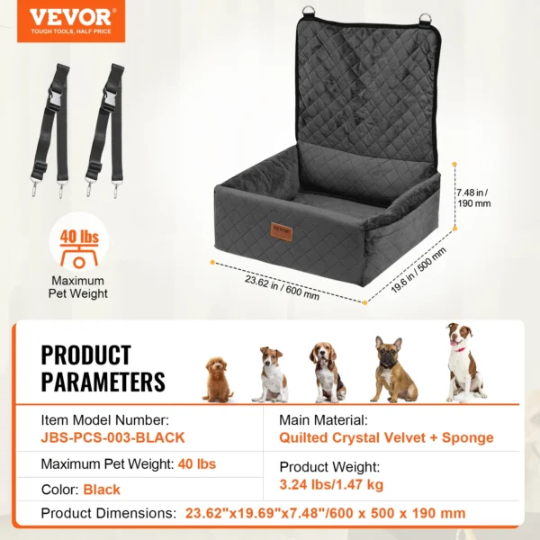 VEVOR Dog Car Seat Waterproof Dog Booster Seat Pet Car Seat with Clip-On Safety Leash PP Cotton Car Bed for Medium & Large Dog - Image 8