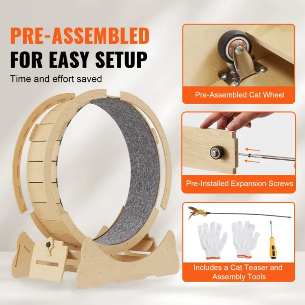 VEVOR Cat Exercise Wheel Natural Wood Silent Running Toy Treadmill Roller Wheel with Detachable Carpet for Most Cats Pet Fitness - Image 5