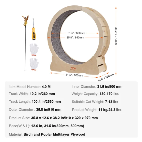 VEVOR Cat Exercise Wheel Natural Wood Silent Running Toy Treadmill Roller Wheel with Detachable Carpet for Most Cats Pet Fitness - Image 7