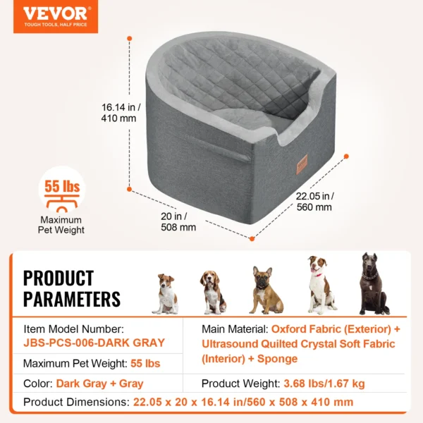 VEVOR Dog Car Seat Waterproof Dog Booster Seat Pet Car Seat with Clip-On Safety Leash PP Cotton Car Bed for Medium & Large Dog - Image 9