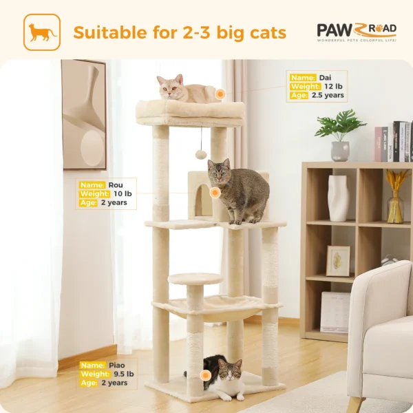 Cat Tree for Indoor Cats 5-Level Cat Tower for Large Cats with Large Hammock Sisal Covered Scratching Posts Cozy Condo Top Perch - Image 5