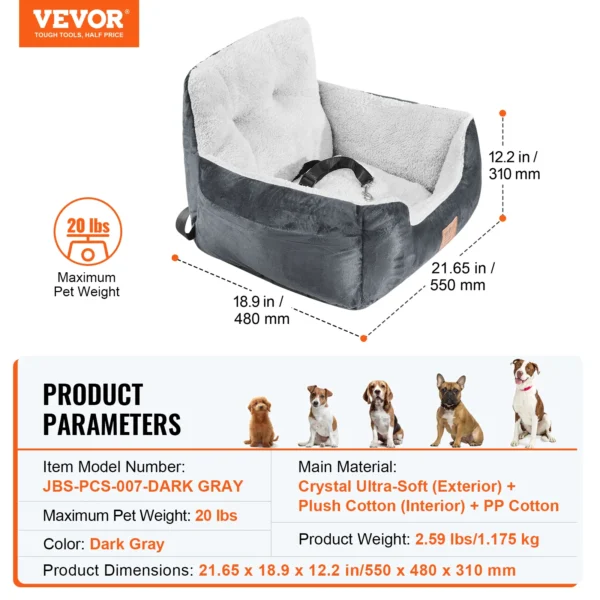 VEVOR Dog Car Seat Waterproof Dog Booster Seat Pet Car Seat with Clip-On Safety Leash PP Cotton Car Bed for Medium & Large Dog - Image 10