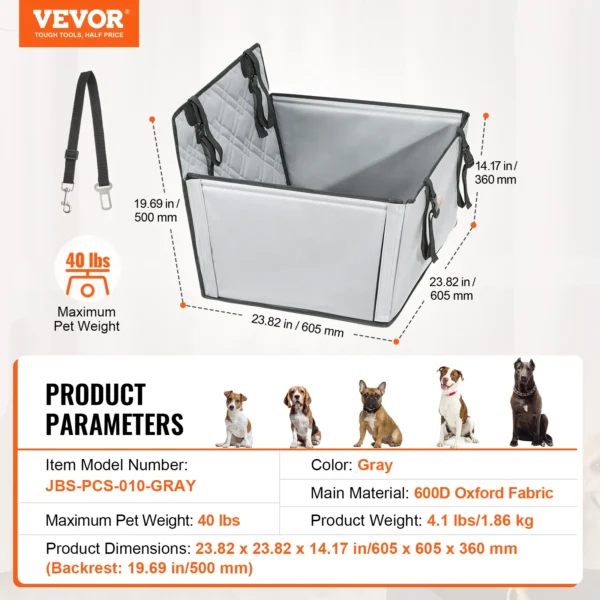 VEVOR Dog Car Seat Waterproof Dog Booster Seat Pet Car Seat with Clip-On Safety Leash PP Cotton Car Bed for Medium & Large Dog - Image 21