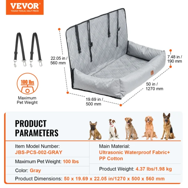 VEVOR Dog Car Seat Waterproof Dog Booster Seat Pet Car Seat with Clip-On Safety Leash PP Cotton Car Bed for Medium & Large Dog - Image 12