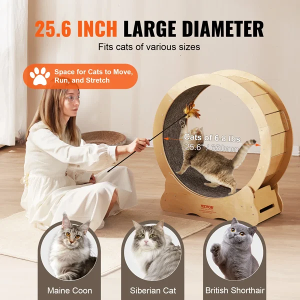 VEVOR Cat Exercise Wheel Natural Wood Silent Running Toy Treadmill Roller Wheel with Detachable Carpet for Most Cats Pet Fitness - Image 4
