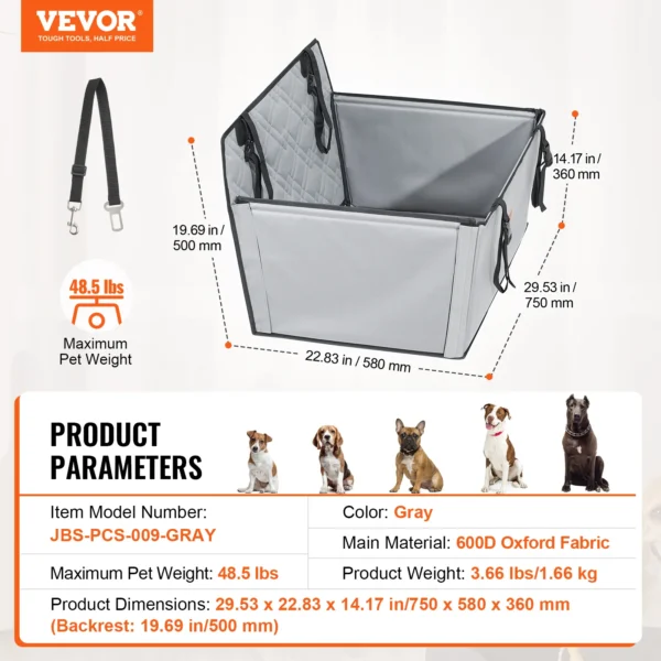 VEVOR Dog Car Seat Waterproof Dog Booster Seat Pet Car Seat with Clip-On Safety Leash PP Cotton Car Bed for Medium & Large Dog - Image 16